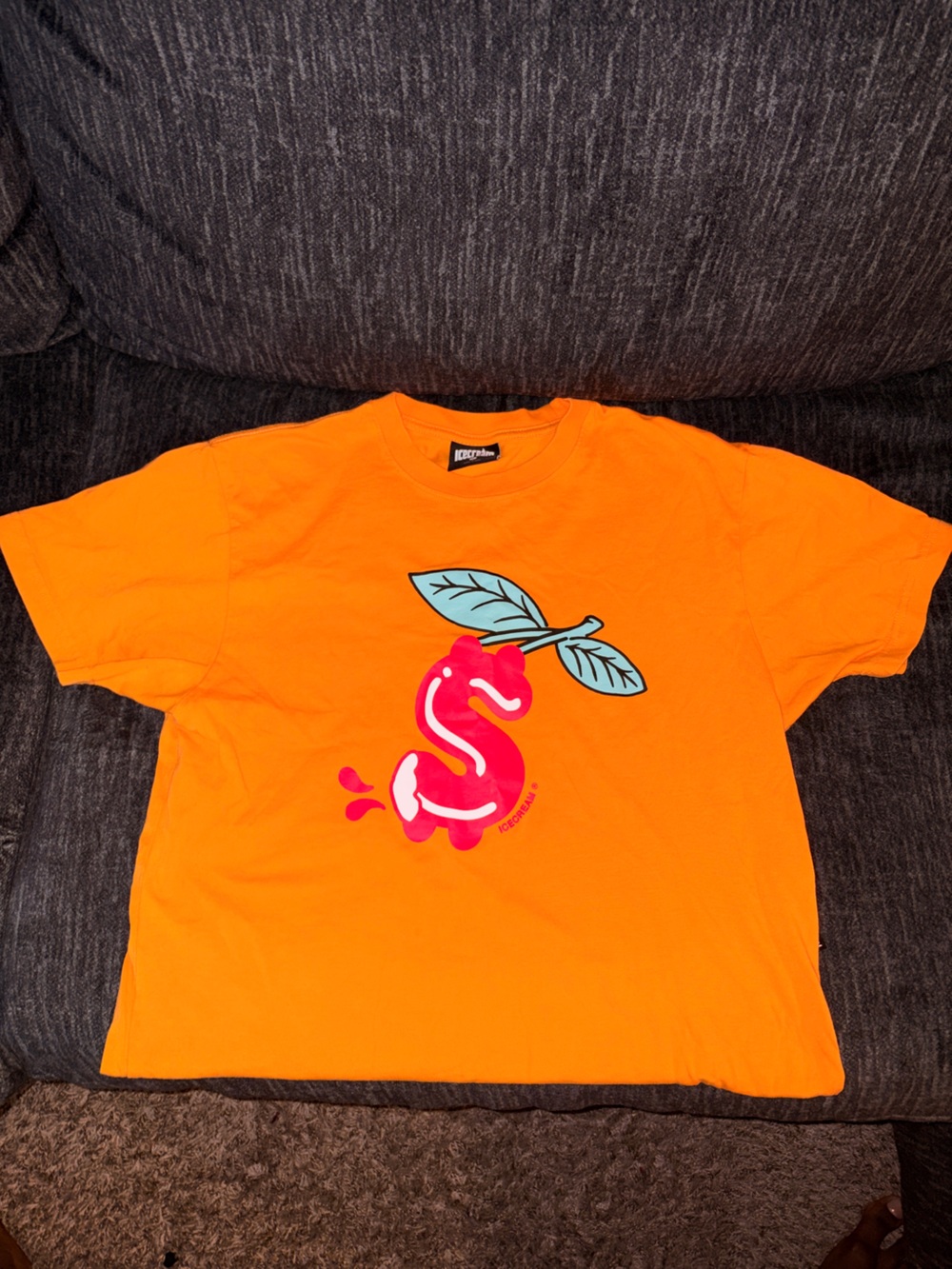 Bright Orange Icecream Graphic Tee with Pink Cherry Design